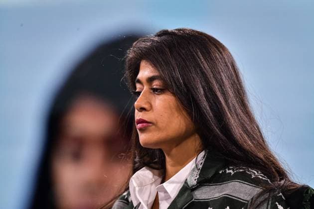 LFI Launches EU Election Campaign - Villepinte French-Palestinian founder of the Refugees Camps Observatory, Rima Hassan looks on during the French leftist political party La France Insoumise convention to launch their campaign for the European elections, at the Parc des expositions in Villepinte, north of Paris, France on March 16, 2024. Photo by Firas Abdullah ABACAPRESS.COM Villepinte Ile-de-France France  Copyright: xAbdullahxFiras ABACAx