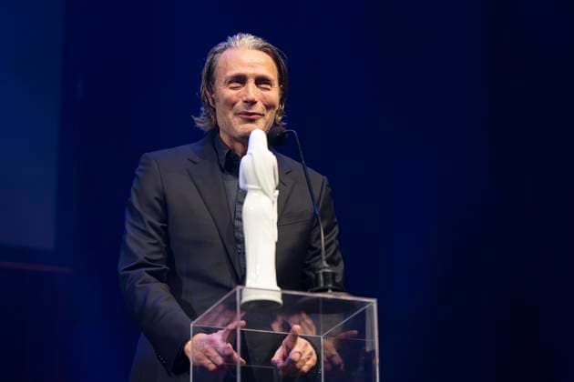 Actor Mads Mikkelsen wins a Bodil for best male lead in the film The Promised Land Bastarden Bodil Award 2024 at the Folketeatret in Copenhagen on Saturday, March 16, 2024 Photo Claus Bech Ritzau Scanpix , Copenhagen Denmark  Copyright: fotograf@clausbech.dk ClausxBechx spdk20240316-235355-L