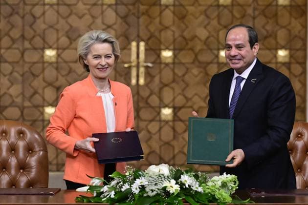 Bilder des Jahres 2024, News 03 März News Themen der Woche KW11 News Bilder des Tages European Commission president Ursula Von der Leyen and Egypt president Abdel Fattah el-Sisi pictured during a diplomatic meeting on Sunday 17 March 2024 in Cairo, Egypt. The Belgian Prime Minister is on a 3-day visit to Jordan, Qatar and Egypt.  DIRKxWAEM 89356833