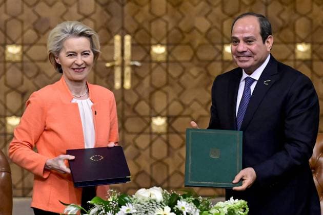 European Commission president Ursula Von der Leyen and Egypt president Abdel Fattah el-Sisi pictured during a mission of the Belgian Prime Minister, Saturday 16 March 2024 in Doha, Qatar. The Prime Minister is on a 3-day visit to Jordan, Qatar and Egypt.  DIRKxWAEM 89356876