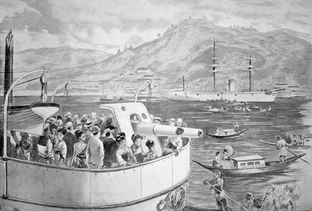 SINO-JAPANESE WAR, 1894. Visiting Japanese warship Akagi at Nagasaki Harbor, following the Battle of the Yalu River on the China-Korea border. English illustration, 1894.  Copyright: xGRANGERx xGRANGERx 0000927