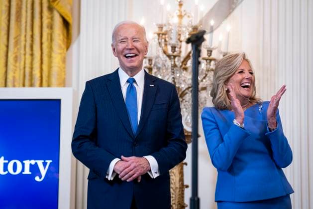US President Joe Biden and US First Lady Jill Biden attend a Women s History Month reception in the East Room of the White House in Washington, DC on Monday, March 18, 2024. The Biden administration is rolling out an executive order to strengthen women s health research standards across federal agencies and prioritize its funding in an effort to close the gap on long-standing disparities.  WAX20240318810 AlxDrago