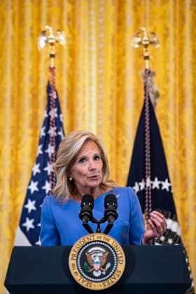 US First Lady Jill Biden speaks during a Women s History Month reception in the East Room of the White House in Washington, DC on Monday, March 18, 2024. The Biden administration is rolling out an executive order to strengthen women s health research standards across federal agencies and prioritize its funding in an effort to close the gap on long-standing disparities.  WAX20240318817 AlxDrago