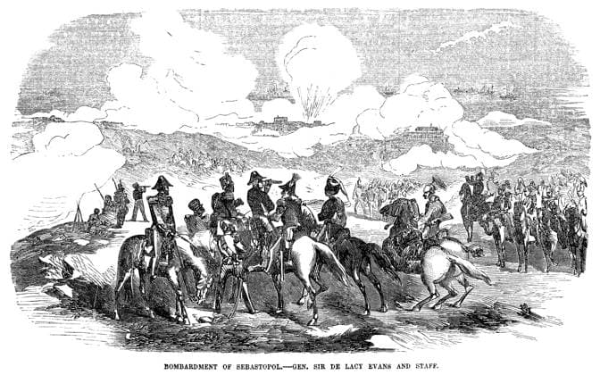 CRIMEAN WAR: SEVASTOPOL. The British military commander General Sir George de Lacy Evans and his forces at the Siege of Sevastopol in 1854. Wood engraving, American, 1854.  Copyright: xGRANGERx xGRANGERx 0002376