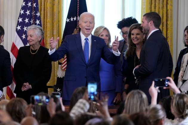 United States President Joe Biden shouts out to guests at a Women’s History Month reception at the White House in Washington, DC, March 18, 2024. Copyright: xChrisxKleponisx xCNPx MediaPunchx