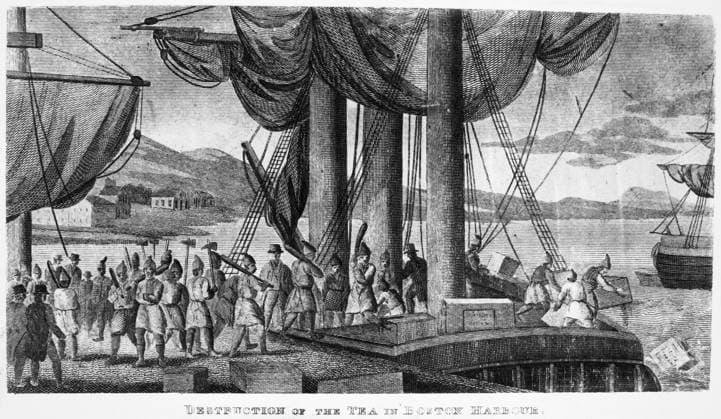 BOSTON TEA PARTY, 1773.Destruction of the tea in Boston Harbor, 16 December 1773. Copper engraving, late 18th century.  Copyright: xGRANGERx xGRANGERx 0004369