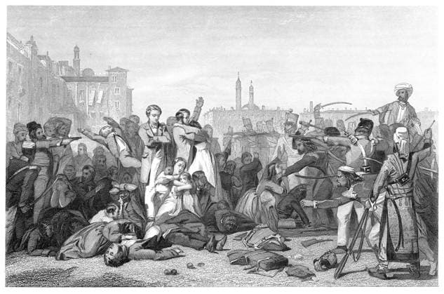 INDIA: SEPOY REBELLION, 1857. Massacre at Cawnpore. Steel engraving, English, 1859.  Copyright: xGRANGERx xGRANGERx 0004430