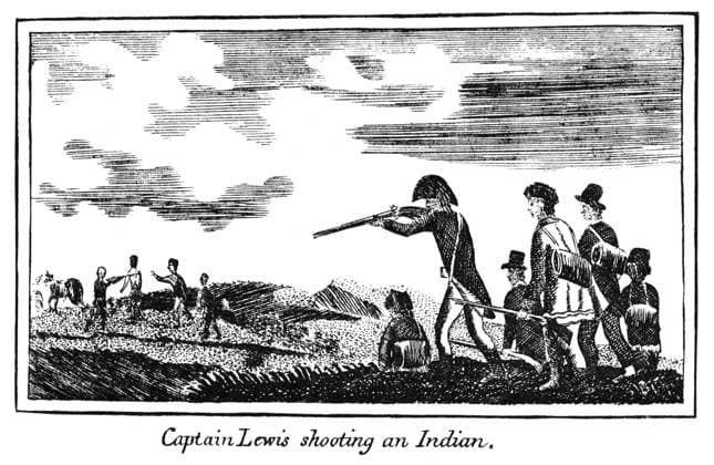 LEWIS & CLARK: INDIANS 1811. Meriwether Lewis shooting a Native American during the Lewis & Clark Expedition. Copper engraving, 1811, from Patrick Gass Journal of the Lewis & Clark Expedition.  Copyright: xGRANGERx xGRANGERx 0005126