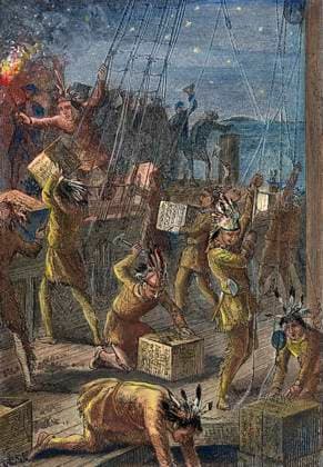 BOSTON TEA PARTY, 1773. The destruction of tea in Boston Harbor, 16 December 1773. Wood engraving, American, 19th century.  Copyright: xSarinxImagesx xGRANGERx 0008381