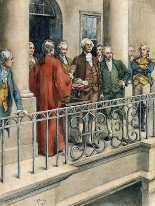 GEORGE WASHINGTON (1732-1799). First President of the United States. The inauguration of George Washington as the first President of the United States at Federal Hall, New York City, on 30 April 1789. Engraving, 1889.  Copyright: xSarinxImagesx xGRANGERx 0008714