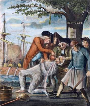 TARRING & FEATHERING, 1773. The Bostonians Paying the Excise Man, or Tarring & Feathering. American edition of an English mezzotint satire, 1774, on the treatment given to John Malcom, an unpopular Commissioner of Customs at Boston.  Copyright: xSarinxImagesx xGRANGERx 0009737