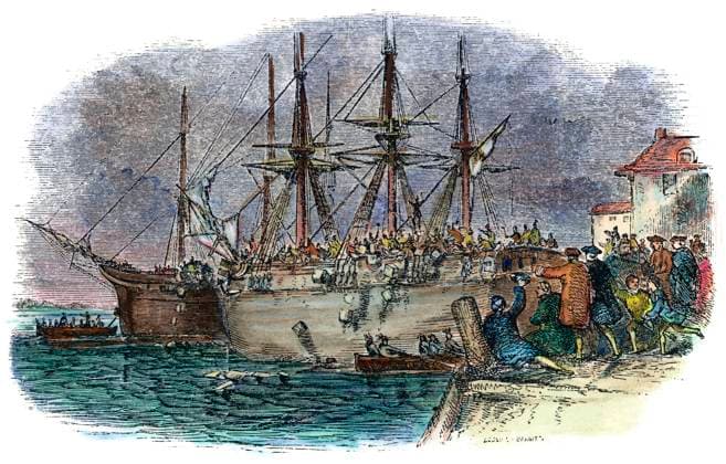BOSTON TEA PARTY, 1773. Casting tea overboard in Boston Harbor, 16 December 1773. Wood engraving, American, 1851.  Copyright: xSarinxImagesx xGRANGERx 0009738
