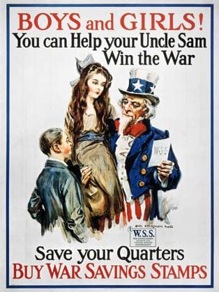 WORLD WAR I: U.S. POSTER. Boys and Girls! You Can Help Your Uncle Sam Win the War. American World War I War Savings Stamp poster by James Montgomery Flagg.  Copyright: xGRANGERx xGRANGERx 0009896