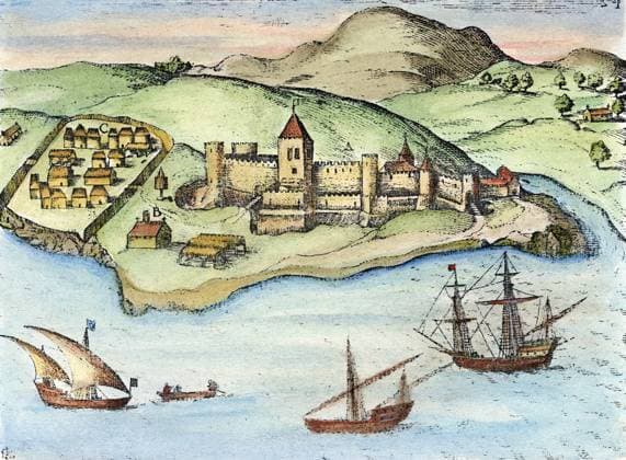 PORTUGUESE FORT: AFRICA. The fortress of Sao Jorge de Mina on the African Gold Coast, built in 1482 at the order of King John II of Portugal as a trading post and a supply base for the Portugese navigators. Line engraving,by Johann Theodor de Bry, 1603.  Copyright: xSarinxImagesx xGRANGERx 0011339