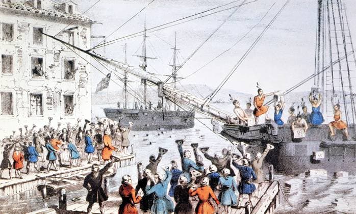 BOSTON TEA PARTY, 1773.Boston Tea Party, December 16, 1773. Lithograph, 1846, by Nathaniel Currier.  Copyright: xGRANGERx xGRANGERx 0011739