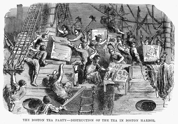 BOSTON TEA PARTY, 1773. Destruction of the tea in Boston Harbor, 16 December 1773. Wood engraving, 19th century.  Copyright: xGRANGERx xGRANGERx 0012092