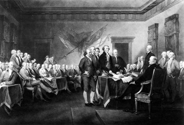 DECLARATION OF INDEPENDENCE. The signing of the Declaration of Independence in Congress, at the Independence Hall, Philadelphia, Pennsylvania, 4 July 1776. Steel engraving, 19th century, after the painting by John Trumbull.  Copyright: xGRANGERx xGRANGERx 0013700