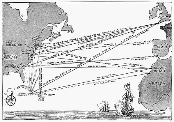 TRIANGULAR TRADE MAP. Map of the Triangular Trade between Britain, its American colonies, and Africa in the 17th and 18th centuries.  Copyright: xGRANGERx xGRANGERx 0018079