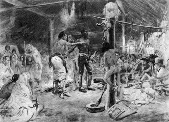 LEWIS & CLARK: YORK. York in the Lodge of the Mandans. York, a member of the Lewis & Clark expedition, as William Clark s slave. Painting, 1908, by Charles M. Russell.  Copyright: xGRANGERx xGRANGERx 0018446