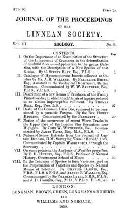 CHARLES ROBERT DARWIN (1809-1882). On the Tendency of the Species to Form Varieties: the preliminary report of the theory of evolution by Charles Darwin and Alfred Russel Wallace in the Journal of the Proceedings of the Linnean Society, 1858.  Copyright: xGRANGERx xGRANGERx 0027753