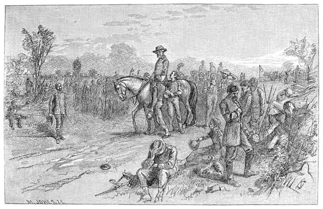 LEE S SURRENDER, 1865. The surrender of General Lee to General Grant at Appomattox Court House, Virginia, 9 April 1865. Lee s return to his troops after the surrender. Wood engraving after a drawing by W.L. Sheppard.  Copyright: xGRANGERx xGRANGERx 0028347