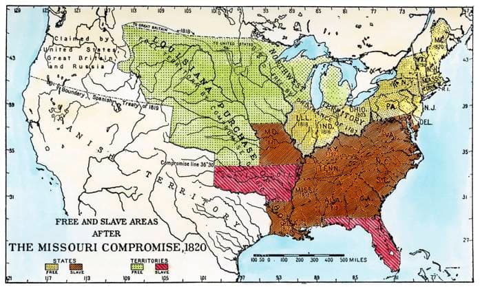 MISSOURI COMPROMISE, 1820. Map of the United States showing the free and slave states and territories following the Missouri Compromise of 1820.  Copyright: xSarinxImagesx xGRANGERx 0029362