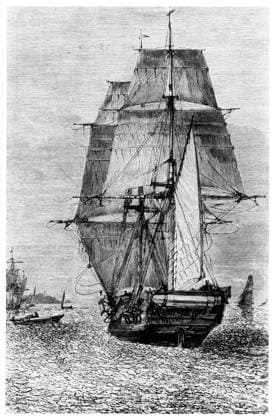 DARWIN: HMS BEAGLE. The H.M.S. Beagle, on which Charles Darwin sailed as naturalist, off Rio de Janeiro, July 5, 1832. Engraving, 19th century.  Copyright: xGRANGERx xGRANGERx 0029981