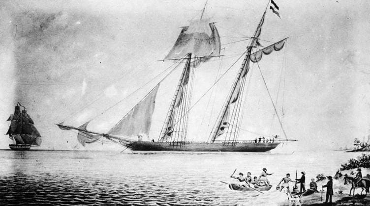 AMISTAD SLAVE MUTINY, 1839. The Spanish slave ship Amistad at anchor off Culloden Point, Long Island, following a mutiny by African slaves on board, 26 August 1839. The U.S. revenue cutter Washington is shown at left. Contemporary painting by an unknown artist.  Copyright: xGRANGERx xGRANGERx 0032890