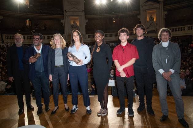 Cesar Des Lyceens 2024 Award Director Jeanne Herry holds her trophy next to Jean-Pierre Darroussin, Alain Attal, French Minister for Education and Youth Nicole Belloubet, Hugo Selignac and Veronique Cayla attending the Cesar Des Lyceens 2024 Award at La Sorbonne In Paris in Paris, France, on March 20, 2024. Photo by Aurore Marechal ABACAPRESS.COM Paris France  Copyright: xMarechalxAurore ABACAx