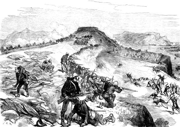 ZULU WAR, 1879. The Battle of Kambula Hill, 29 March 1879, between British troops and Zulu fighters on the Transvaal frontier of Zululand. Wood engraving from a contemporary British newspaper.  Copyright: xGRANGERx xGRANGERx 0041430