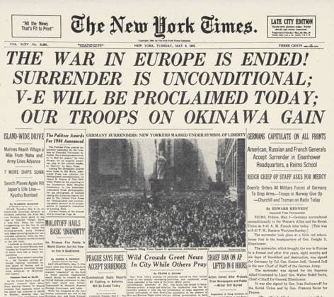 WWII: V-E DAY FRONTPAGE The front page of The New York Times, 8 May 1945, announcing Germany s surrender.  Copyright: xGRANGERx xGRANGERx 0041563