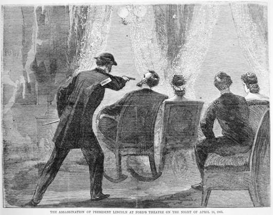 LINCOLN ASSASSINATION. The assassination of President Abraham Lincoln by John Wilkes Booth at Ford s Theatre, Washington, D.C., 14 April 1865. Wood engraving from a contemporary newspaper.  Copyright: xGRANGERx xGRANGERx 0045185