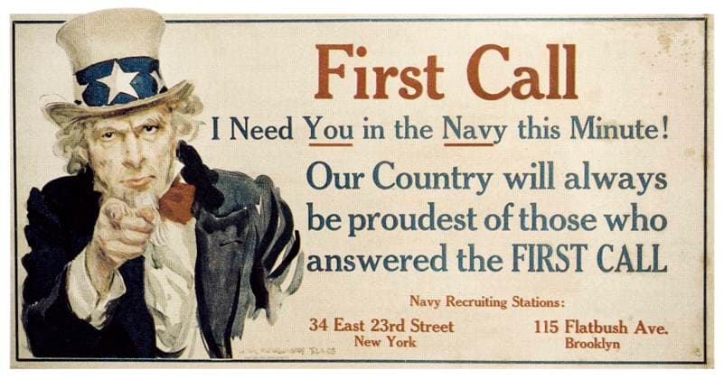 WORLD WAR I: U.S. POSTER. I need you in the Navy this minute! American World War I recruiting poster, c1917, by James Montgomery Flagg.  Copyright: xGRANGERx xGRANGERx 0045858