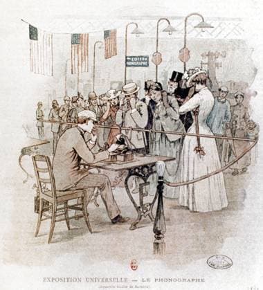 EDISON S PHONOGRAPH, 1889. Exhibition of Edison phonograph at Universal Exposition, Paris, 1889, contemporary lithograph.  Copyright: xGRANGERx xGRANGERx 0047763