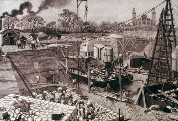 EIFFEL TOWER: CAISSONS 1889. Foundation caissons along the Seine during the construction of the Eiffel Tower in Paris, 1889.  Copyright: xGRANGERx xGRANGERx 0052874
