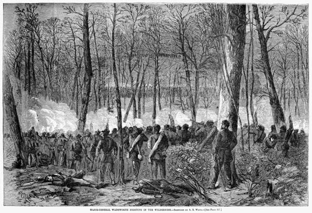 CIVIL WAR: WILDERNESS. Major-General James Samuel Wadsworth and his troops fighting at the Battle of the Wilderness, 6 May 1864. Contemporary wood engraving after a sketch by Alfred R. Waud.  Copyright: xGRANGERx xGRANGERx 0056985