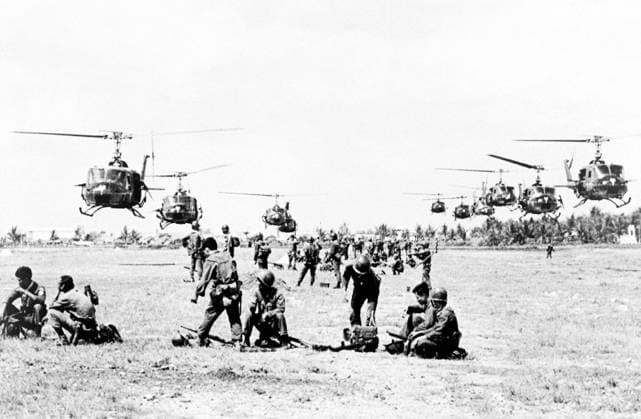 RECORD DATE NOT STATED Vietnam: U.S. helicopters arriving to air lift Vietnamese government Rangers of the 43rd battalion into battle against NLF (Viet Cong) guerrillas, Saigon, 1965. The Second Indochina War, known in America as the Vietnam War, was a Cold War era military conflict that occurred in Vietnam, Laos, and Cambodia from 1 November 1955 to the fall of Saigon on 30 April 1975. This war followed the First Indochina War and was fought between North Vietnam, supported by its communist allies, and the government of South Vietnam, supported by the U.S. and other anti-communist nations. The U.S. government viewed involvement in the war as a way to prevent a communist takeover of South Vietnam and part of their wider strategy of containment.<br ><br > The Nor Copyright: xxPicturesxFromxHistoryx