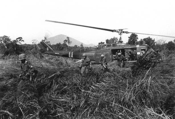 RECORD DATE NOT STATED Vietnam: US infantry attacking from a Huey UH-1D helicopter, Central Highlands, 1966 The Second Indochina War, known in America as the Vietnam War, was a Cold War era military conflict that occurred in Vietnam, Laos, and Cambodia from 1 November 1955 to the fall of Saigon on 30 April 1975. This war followed the First Indochina War and was fought between North Vietnam, supported by its communist allies, and the government of South Vietnam, supported by the U.S. and other anti-communist nations. The U.S. government viewed involvement in the war as a way to prevent a communist takeover of South Vietnam and part of their wider strategy of containment.<br ><br > The North Vietnamese government viewed the war as a colonial war, fought initially Copyright: xxPicturesxFromxHistoryx