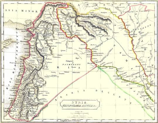 RECORD DATE NOT STATED Syria: Map of Ancient Syria (1900) Map of ancient Syria published in 1900. The boundaries of Syria are shown to include Palestine as far as Gaza, all of Lebanon, and Antakya in Turkey. This corresponds quite closely to Syria before the French Mandate was imposed in 1920. Lebanon was separated from Syria by the French in 1926, and Turkey occupied Antakya unilaterally in 1939. Copyright: xxPicturesxFromxHistoryx