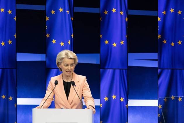 (240322) -- BRUSSELS, March 22, 2024 -- President of the European Commission Ursula von der Leyen addresses the Nuclear Energy Summit in Brussels, Belgium, March 21, 2024. The world s first Nuclear Energy Summit convened here on Thursday, highlighting the role of nuclear energy in addressing global challenges such as reducing fossil fuel use, enhancing energy security, and boosting economic development. ) BELGIUM-BRUSSELS-NUCLEAR ENERGY SUMMIT MengxDingbo 