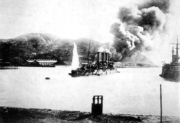 China: Fire at the Oil Depot in Port Arthur caused by Japanese Gunfire, 1905, (Russo-Japanese War, 8 February 1904 5 September 1905) The Russo-Japanese War (8 February 1904 5 September 1905) was the first great war of the 20th century which grew out of the rival imperial ambitions of the Russian Empire and Japanese Empire over Manchuria and Korea.<br ><br > The major theatres of operations were Southern Manchuria, specifically the area around the Liaodong Peninsula and Mukden, the seas around Korea, Japan, and the Yellow Sea. The resulting campaigns, in which the Japanese military attained victory over the Russian forces arrayed against them, were unexpected by world observers. As time transpired, these victories would transform th Copyright: xxPicturesxFromxHistoryx