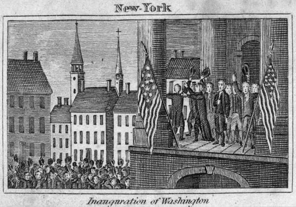 WASHINGTON: INAUGURATION, 1789. The inauguration of George Washington as the first President of the United States at Federal Hall, New York, 30 April 1789. Engraving, 1829.  Copyright: xGRANGERx xGRANGERx 0062187