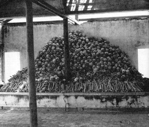 Cambodia: Khmer Rouge Aftermath: A charnel house at Tonle Bati. Collected skulls and bones from a mass grave of Khmer Rouge victims at Tonle Bati, some 30 kms south of Phnom Penh.<br ><br > The Khmer Rouge, or Communist Party of Kampuchea, ruled Cambodia from 1975 to 1979, led by Pol Pot, Nuon Chea, Ieng Sary, Son Sen and Khieu Samphan. It is remembered primarily for its brutality and policy of social engineering which resulted in millions of deaths. Its attempts at agricultural reform led to widespread famine, while its insistence on absolute self-sufficiency, even in the supply of medicine, led to the deaths of thousands from treatable diseases (such as malaria). Brutal and arbitrary executions and torture carried out by its cadres again Copyright: xxPicturesxFromxHistoryx