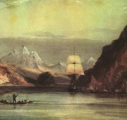 DARWIN: HMS BEAGLE. English naturalist. Natives of Tierra del Fuego welcoming H.M.S. Beagle, on which Charles Darwin sailed as ship s naturalist from 1831 to 1836, to a glacial fiord at the tip of South America. Contemporary watercolor by Conrad Martens.  Copyright: xGRANGERx xGRANGERx 0066179