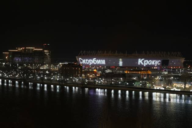 RUSSIA, ROSTOV-ON-DON - MARCH 23, 2024: A sign reads Crocus, We Mourn on the facade of Rostov Arena. On 22 March, several unidentified gunmen opened fire on people before the start of a concert at the Crocus City Hall in the town of Krasnogorsk near Moscow, leaving dozens of people killed and over 100 injured. Erik Romanenko TASS  68463166