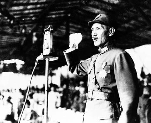 China: General Chiang Kai-shek addressing officer training corps at Hankou, 1940. Chiang Kai-shek (October 31, 1887 April 5, 1975) was a political and military leader of 20th century China. He is known as JiÇŽng Jieshi or JiÇŽng ZhÅngzheng in Mandarin. Chiang was an influential member of the Nationalist Party, the Kuomintang (KMT), and was a close ally of Sun Yat-sen. He became the Commandant of the Kuomintang s Whampoa Military Academy, and took Sun s place as leader of the KMT when Sun died in 1925. In 1926, Chiang led the Northern Expedition to unify the country, becoming China s nominal leader. He served as Chairman of the National Military Council of the Nationalist government of the Republic of China (ROC) from 1928 to 1948. C Copyright: xxPicturesxFromxHistoryx