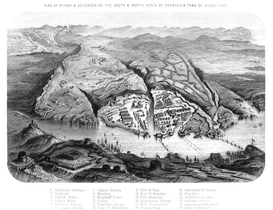 CRIMEAN WAR: SEVASTOPOL. Plan of attack and defenses of the south and north sides of the harbour and town of Sevastopol. Contemporary engraving.  Copyright: xGRANGERx xGRANGERx 0082109