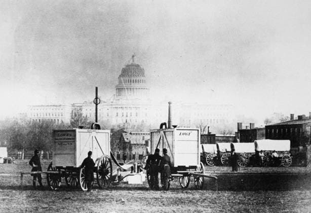 CIVIL WAR: GAS GENERATORS. Union soldiers in Washington, D.C., 1863, with balloon gas generators used by Thaddeus S.C. Lowe s Army Aeronautic Corps when surveying Confederate troop movements across the Potomac River.  Copyright: xGRANGERx xGRANGERx 0083346