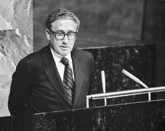 HENRY KISSINGER (1923- ). American (German-born) diplomat. As U.S. Secretary of State addressing the United Nations General Assembly, 15 April 1974, on the problems of raw materials and economic development.  Copyright: xGRANGERx xGRANGERx 0085372