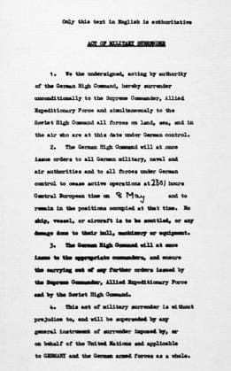 GERMAN SURRENDER, 1945. Page one of the original instrument of surrender of Germany in World War II, signed at Rheims, France, in the early morning of 7 May 1945.  Copyright: xGRANGERx xGRANGERx 0090355